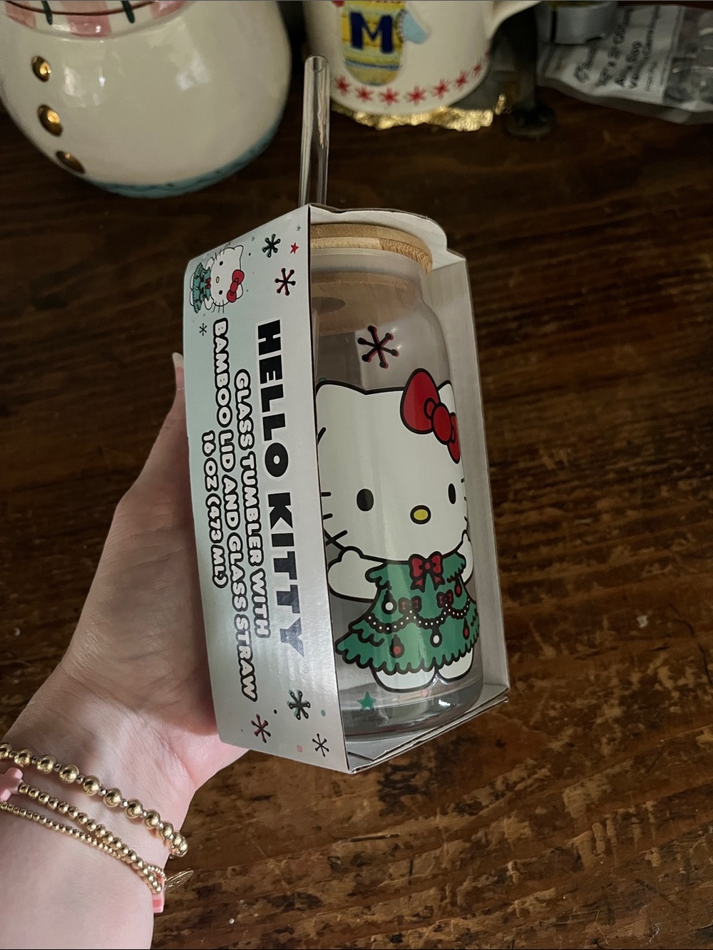 Hello Kitty Green & Red Holiday Glass Tumbler with Straw